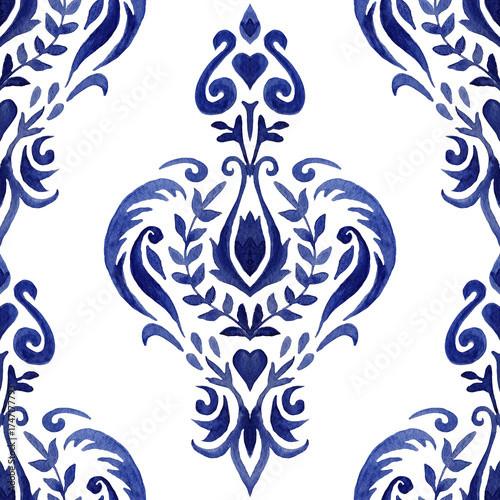 flourish Watercolor blue damask hand drawn floral design. Seamless pattern, tiling ornament.