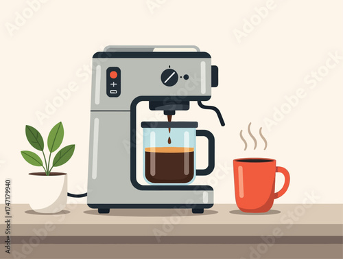 Coffee machine brewing fresh coffee into a glass pot, red mug and potted plant nearby, clean vector flat style on beige background, concept of morning routine