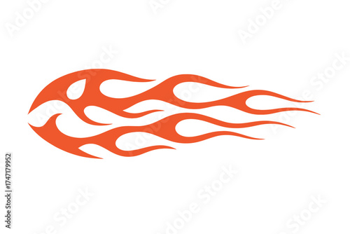 Abstract vector red flame decal with curved, elongated tongues of fire in a bold graphic style on a clean white background, symbolizing heat, speed, and intensity