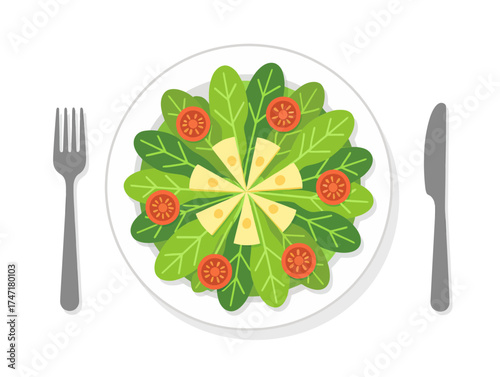 Colorful salad with spinach, cheese, and cherry tomatoes arranged neatly on a white plate, vector flat graphic style, isolated on transparent background, concept of healthy eating