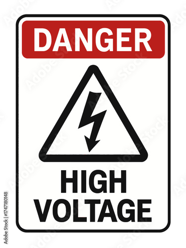 A high voltage warning sign with a red DANGER label, and bold text on a white background, indicating electrical hazard. Modern vector sticker label with icon and badge style, transparent background