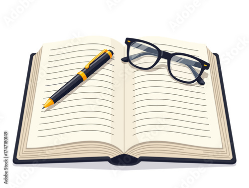 Open lined notebook with a pen and eyeglasses placed on the pages, clean vector minimal style on transparent background, concept of writing, planning, or studying