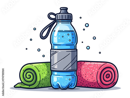 Illustrated water bottle with a gray strap between two rolled gym towels, one green and one red, on a transparent background. Vector. Concept of fitness and hydration