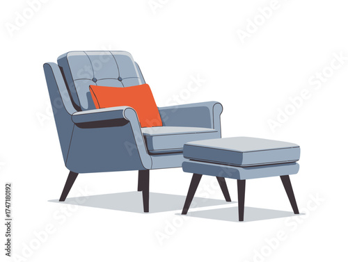Stylish blue armchair with matching ottoman and a red cushion, vector minimal flat graphic style, isolated on transparent background, concept of modern home comfort