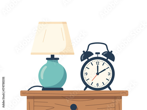 Table lamp and classic alarm clock placed on a wooden nightstand, illustrated in flat vector style, with a clean white background, symbolizing morning routine