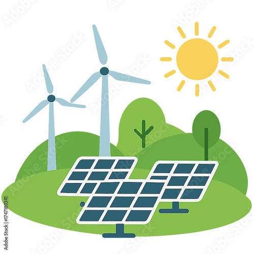 Vector illustration of solar panels and wind turbines on green hills with trees and sun in the background, representing clean energy and sustainability concept