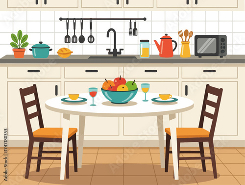 Bright cozy kitchen with utensils, plants, and a table set for two with fruit and drinks, flat vector graphic style on tiled floor background, morning breakfast concept