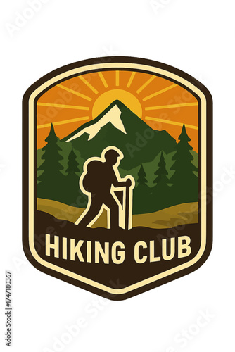 Hiking club vector badge showing a silhouette of a hiker walking with a stick against a mountain, pine trees, and rising sun on a  transparent background, symbolizing adventure