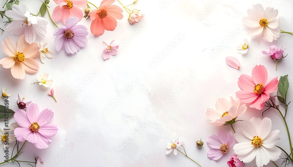 Obraz premium Pastel flowers arranged in a frame on a marble surface