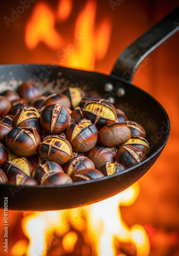 Fresh chestnuts roasting in a pan over the fire, a typical image of La Castanyada, the traditional autumn festival in Catalonia, Spain. festive atmosphere of this All Saints' Day celebration