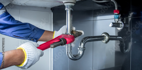 Plumber hands holding wrench doing repairing work at the sink and clogged pipe in bathroom carefully