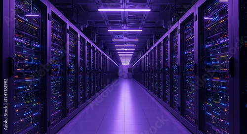 Server room with purple lighting and rows of racks