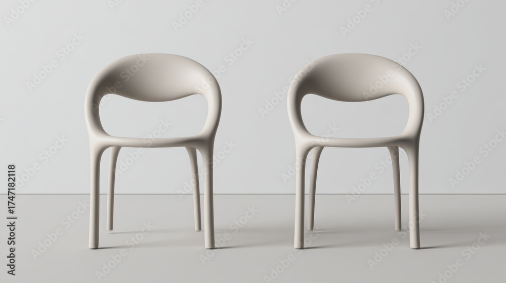 Obraz premium The studio background is white and features a minimalist modern chair made of light grey plastic with thin black metal legs