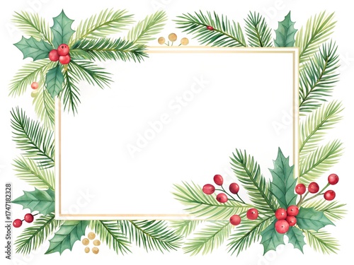 Watercolor christmas frame with fir branches, holly leaves, and red berries, creating a festive border for holiday greetings, invitations, or seasonal designs, isolated on white background