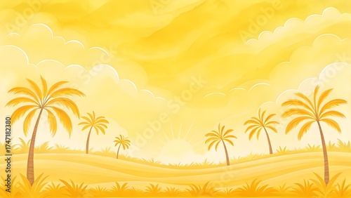 Serene desert landscape with golden hues, featuring palm trees silhouetted against a warm, sunny sky, evoking a sense of tranquility and exotic beauty, perfect for travel or nature themes