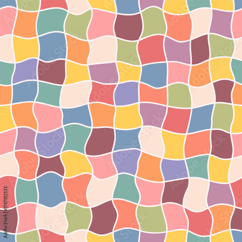 Checkered seamless pattern, retro geometric seamless background, multicolor checkerboard texture. Cute hippie-style design, wavy line grid. Print for textiles, wallpaper, banners, tablecloths, towels