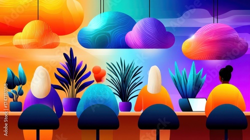 Several people sit at a counter with laptops and plants in pots. Cloud shaped lights hang overhead. The scene is colorful, with various shades of orange, purple, and blue