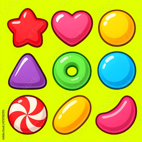 Colorful candy shapes on bright and red star, pink heart, orange circle, purple triangle, green ring, blue circle, red and white swirl, yellow oval, pink bean
