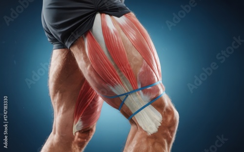 Detailed side view of human thigh muscles showing anatomy and structure