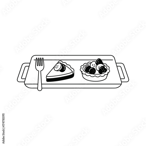Dessert platter with slice of cake and fruit tart on tray  