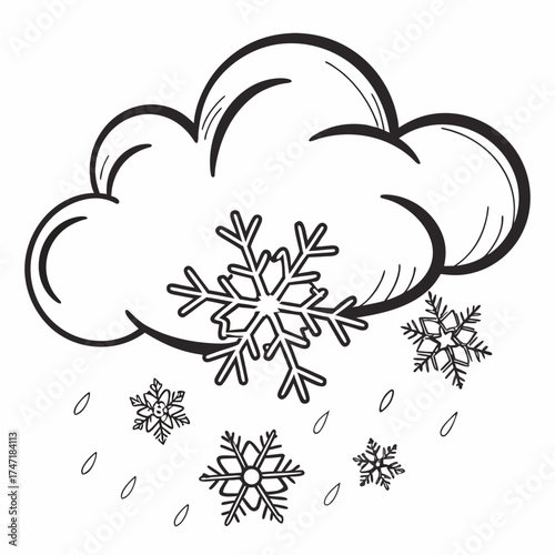 Black and white cloud with falling snowflakes and raindrops