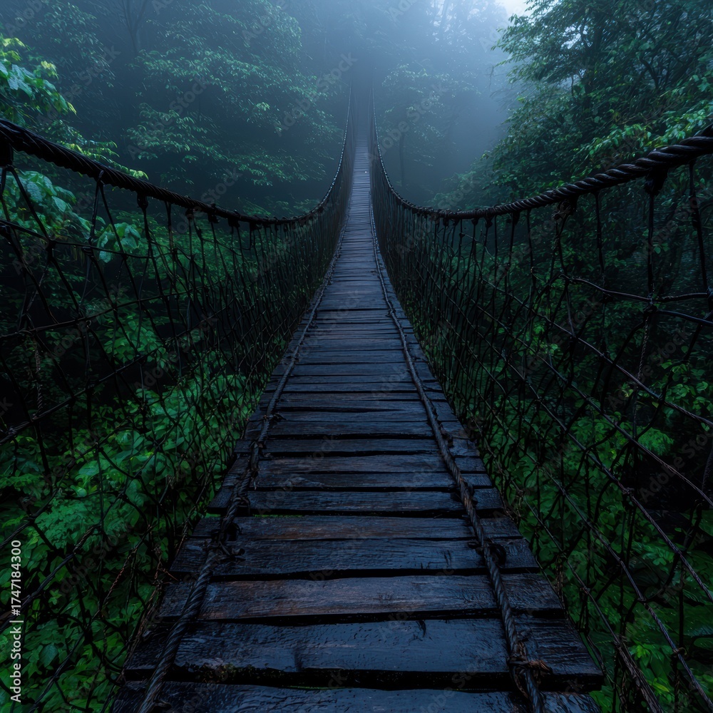 Obraz premium Eerie suspension bridge disappearing into misty forest.