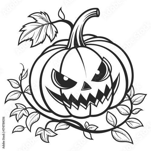 Black and white jack o lantern with vine and leaves
