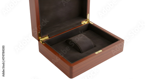 Open brown wood box shows smooth surface and gold hinges. Use for product photography, luxury packaging, mockup.