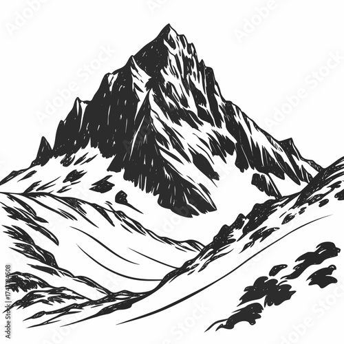 Black and white sketch of a snow-covered alpine mountain peak
