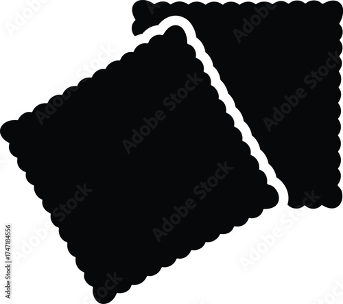Two square crackers with scalloped edges in a black silhouette isolated on white background