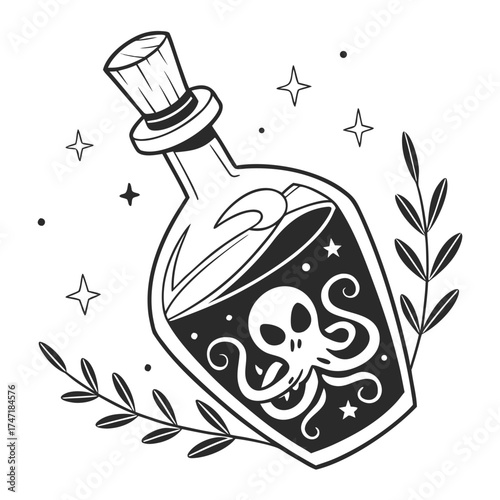 Black and white spooky potion bottle with skull and octopus