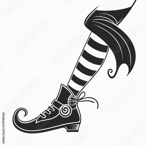 Black and white witch shoe curled toe design graphic