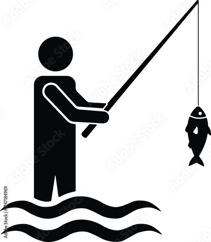 Fisherman silhouette casting a fishing rod with a caught fish isolated on white background