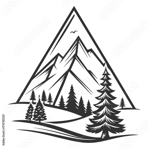 Black logo of triangular mountain landscape with trees