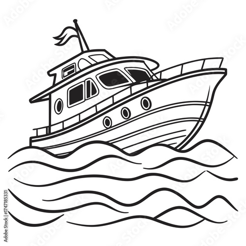 Black outline motorboat on wavy water yacht ship