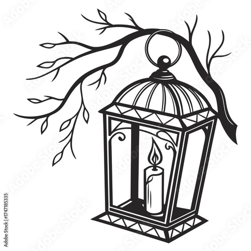 Black outline lantern with lit candle hanging from branch