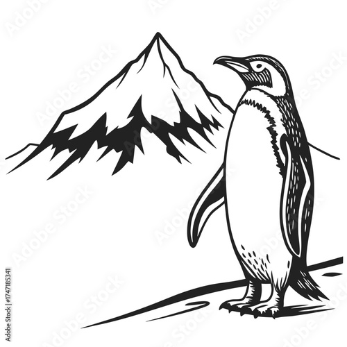 Black outline penguin standing on snow with mountain background