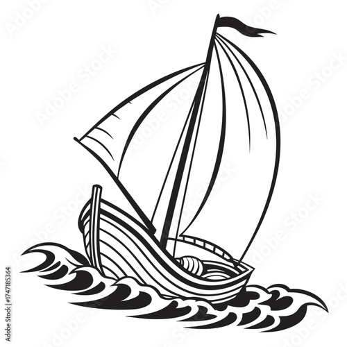 Black outline sailboat on stylized waves graphic sailing 1