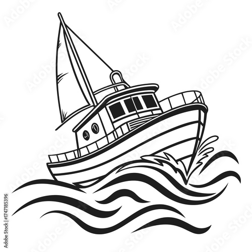Black outline sailboat on stylized waves sailing 1
