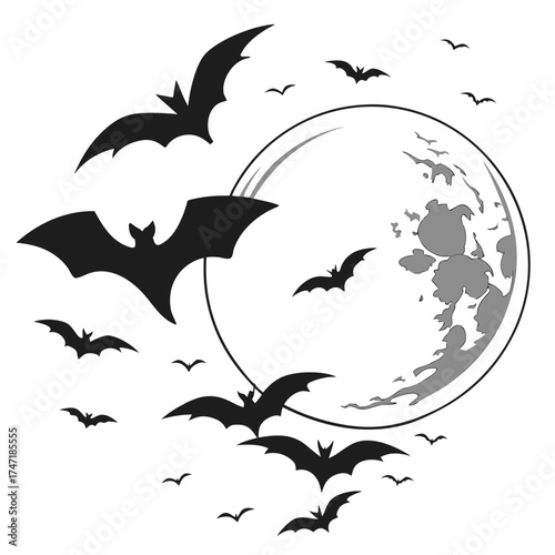 Black silhouette bats flying around a full moon graphic