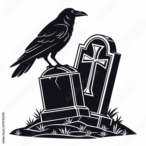 Black silhouette crow on tombstone with cross raven