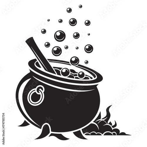 Black silhouette of a bubbling cauldron with a stirring stick
