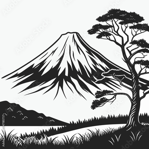 Black silhouette of a conical mountain with a tree and grass