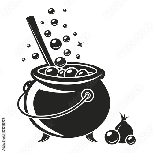 Black silhouette of a bubbling cauldron with potion ingredients