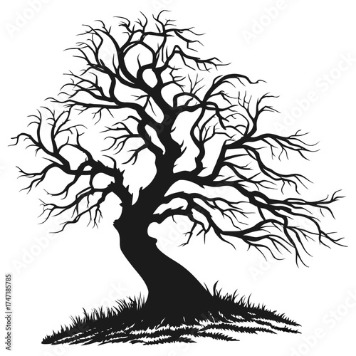 Black silhouette of a gnarled bare tree with crooked branches 2