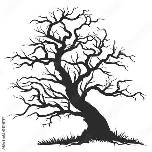 Black silhouette of a gnarled bare tree with crooked branches 1