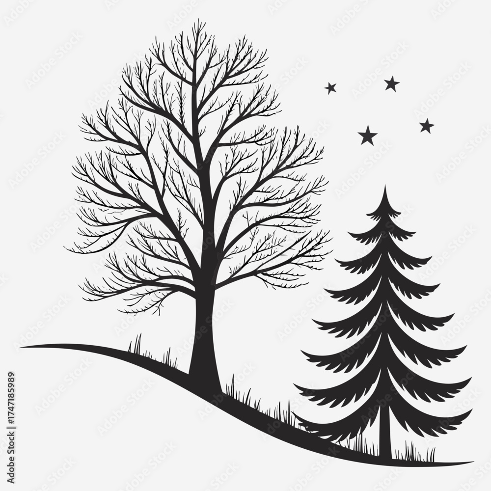 Obraz premium Black silhouette of bare tree and pine tree with stars