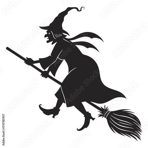 Black silhouette of a witch flying on a broomstick 1