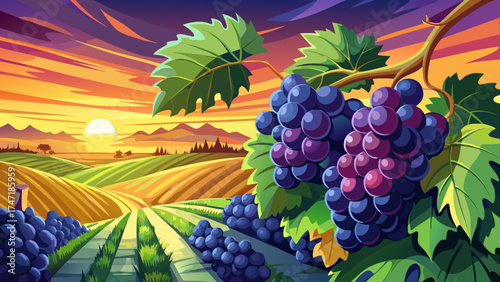 Very beautiful close-up black grapes against vineyard background with panoramic sunset view, vector-style banner illustrating winery elegance, rich colors, and the golden glow of harvest evening.