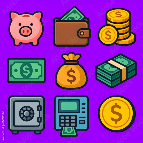 Diverse Array of Money Icons in Vector format and Including Cash and coins and Payment Symbols
